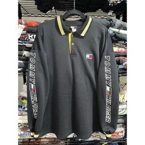 Vintage 90s Tommy Hilfiger Black Embroidered Longsleeve Polo Shirt Size Xl